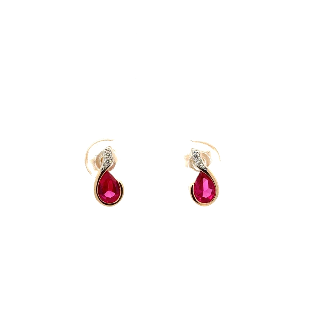 Boucles d'oreilles fixes or jaune, rubis, 4 points de diamant total