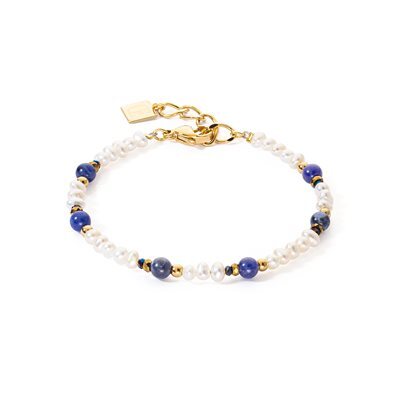 Bracelet acier doré, perles, cristaux bleus Bracelet acier doré, perles, cristaux bleus