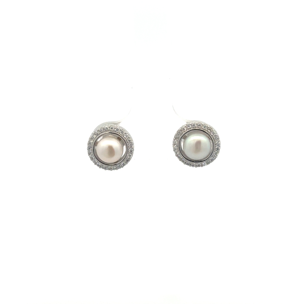 Boucles d'oreilles fixes argent, perles, zircons incolores
