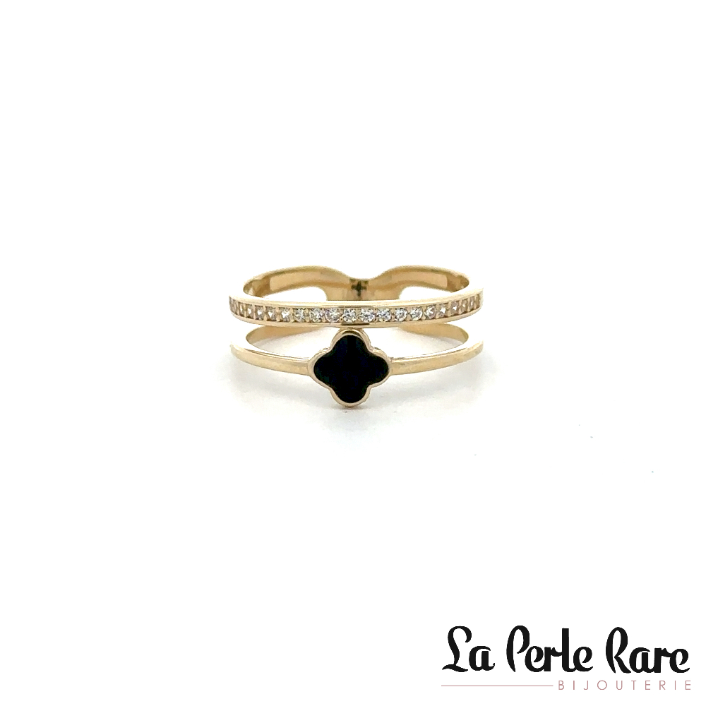 Bague or jaune 10 carats, émail noir, zircons incolores - RDS46-5970-J - Exclusivités