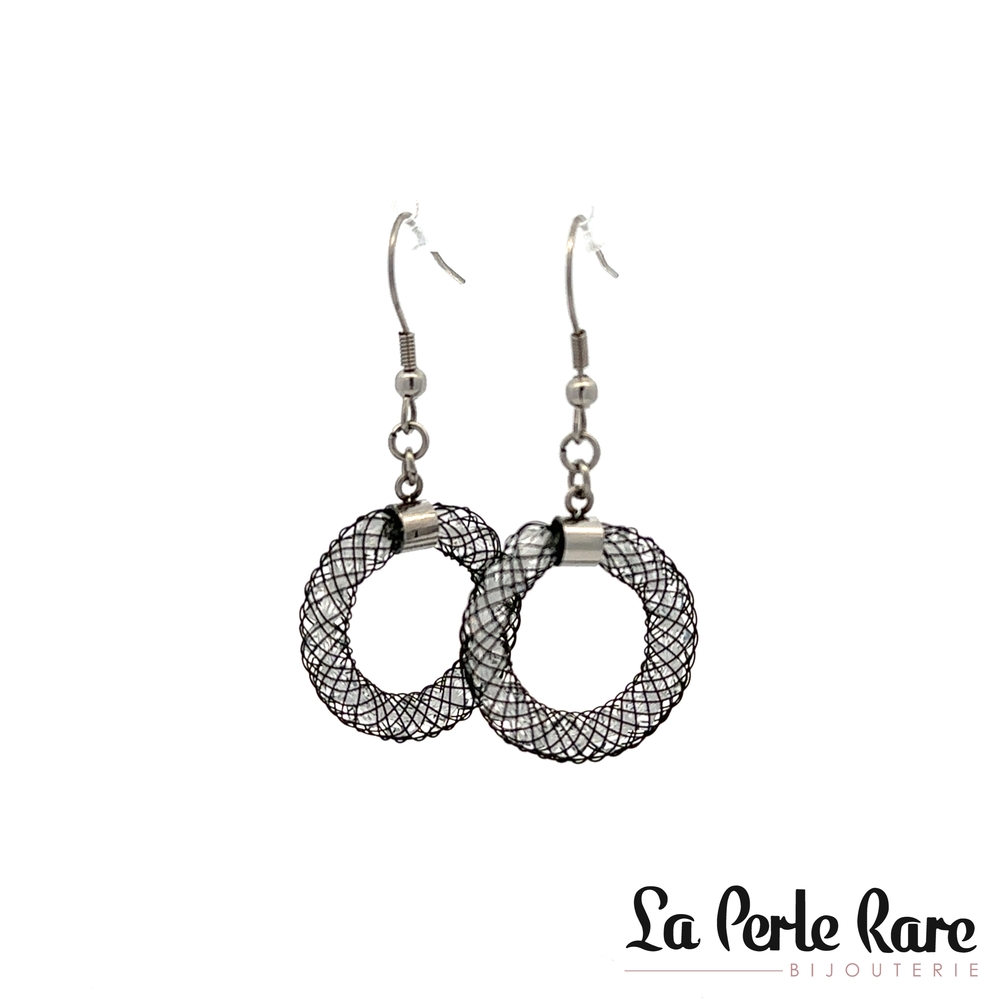 Boucles d'oreilles pendantes acier inoxydable 2 tons (blanc/noir), zircons incolores - 176-ER06 - Steelx