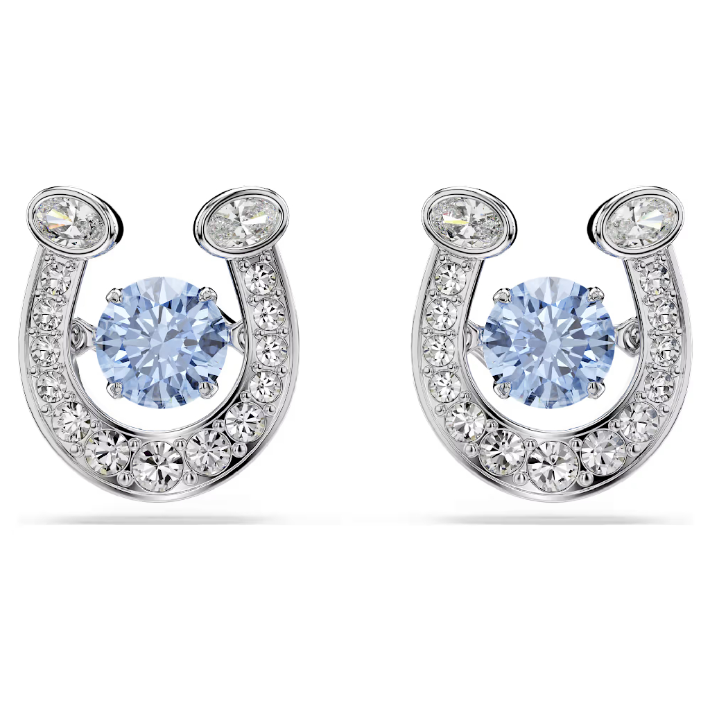 Boucles d'oreilles fixes fers à cheval, métal rhodié, crsitaux incolores et bleus
