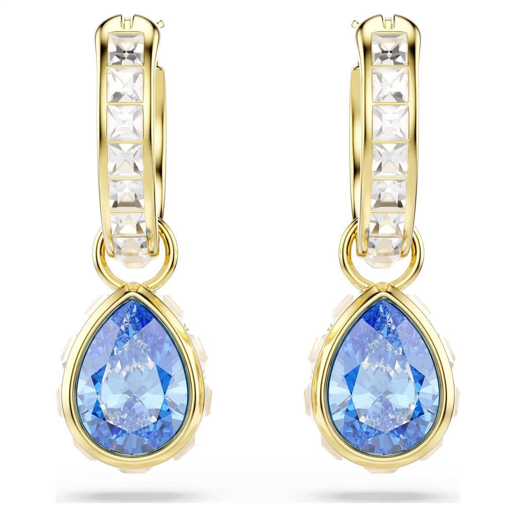 Boucles d'oreilles pendantes Chroma, métal doré, cristaux incolores et bleus