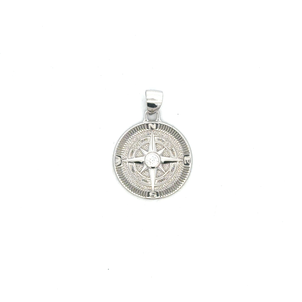 Pendentif boussole, argent rhodié, zircon incolore