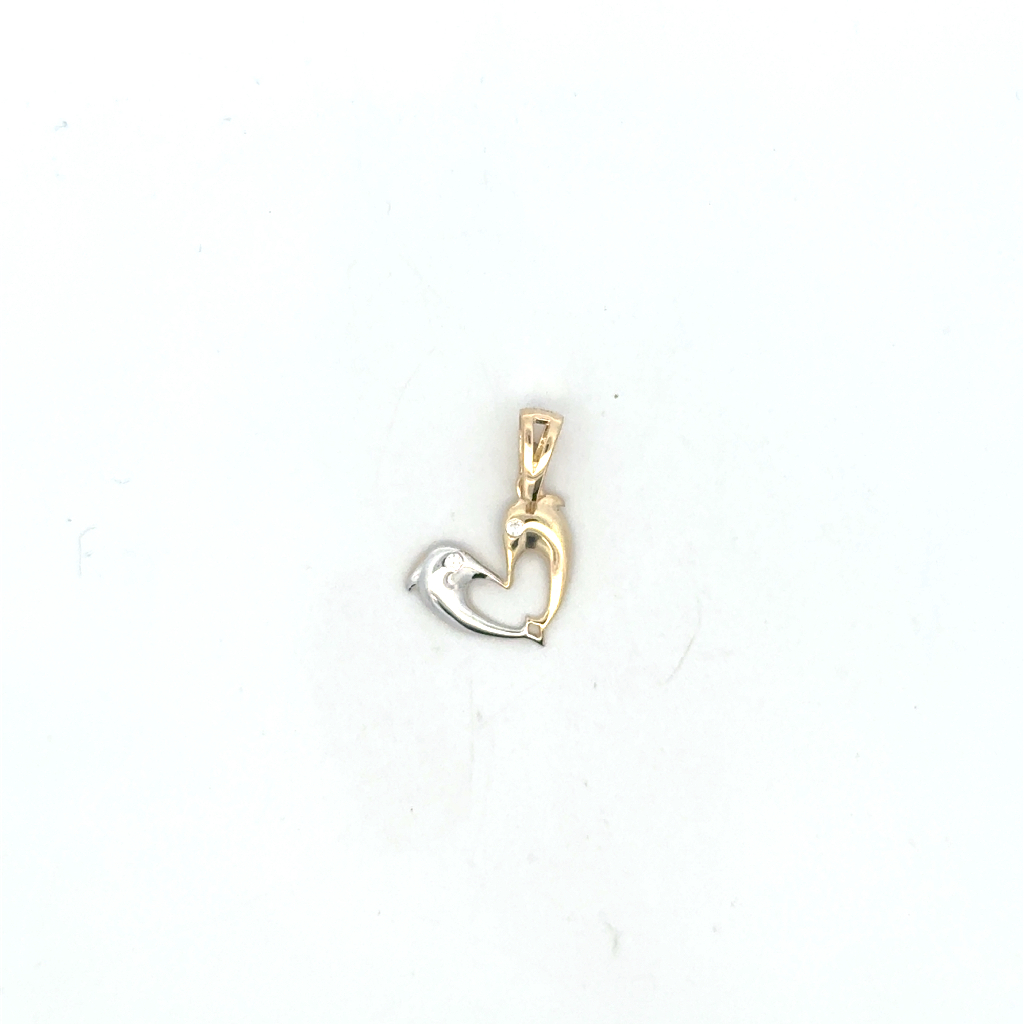 Pendentif dauphins et coeur, or 2 tons (jaune et blanc) 10 carats, zircons incolores