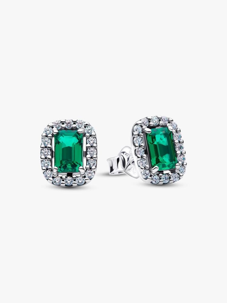 Boucles d'oreilles fixes rectangulaires, argent, cristaux verts, zircons incolores