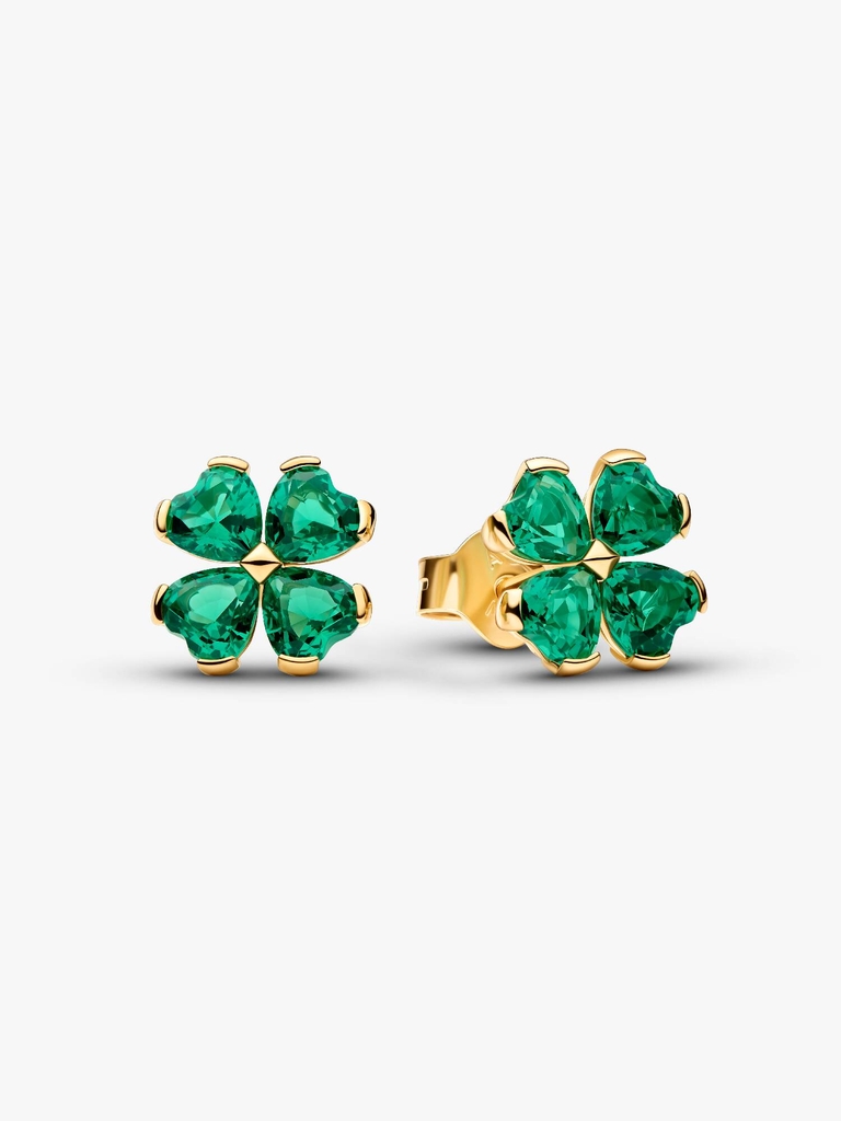 Boucles d'oreilles fixes trèfles porte-bonheur. métal unique plaqué d'or 14 carats, cristaux verts