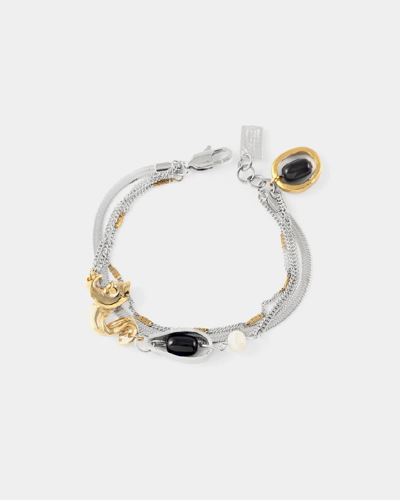 Bracelet acier, étain 2 tons (blanc/jaune), verre coloré, perle d'eau douce