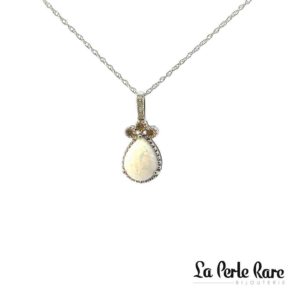 Pendentif or blanc 10 carats, opale, 7 points de diamants total - LPR-2535 - Exclusivités