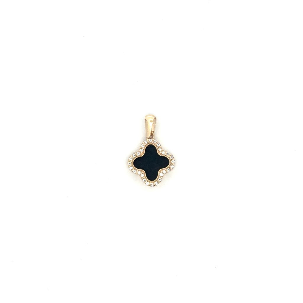 Pendentif de style Van Cleef, or jaune 10 carats, onyx, zircons incolores