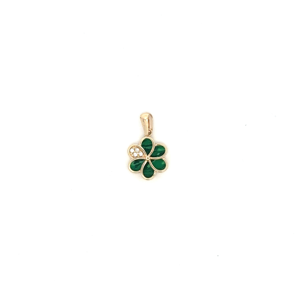Pendentif fleur, or jaune 10 carats, malachites, zircons incolores