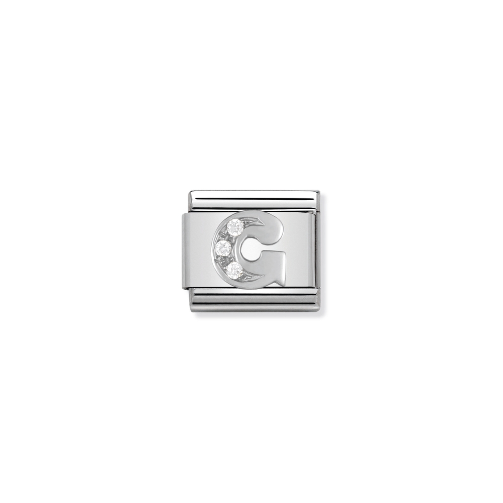 Maille classique lettre G, acier inoxydable, argent, zircons incolores - 33030107 - NOMINATION
