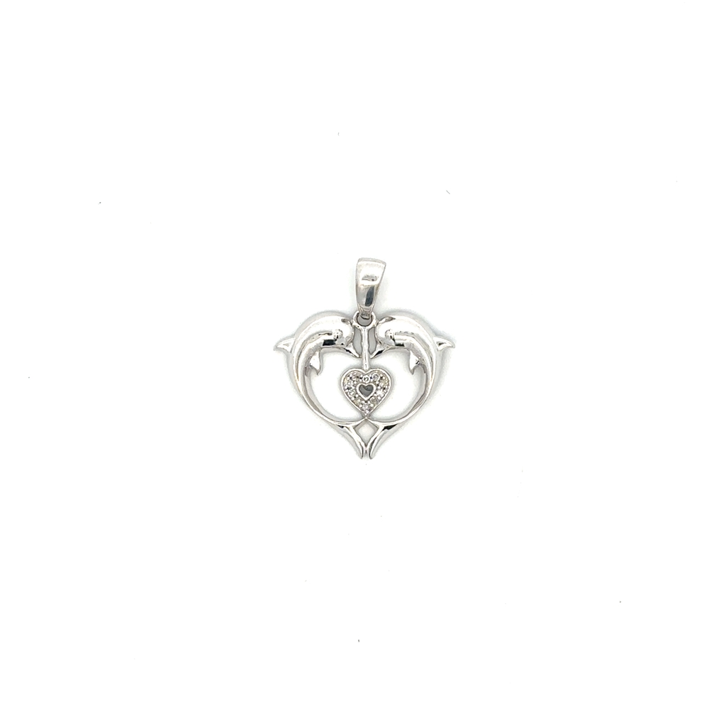 Pendentif dauphins en coeur, or blanc 10 carats, 3 points de diamant total - 32782 - Exclusivités