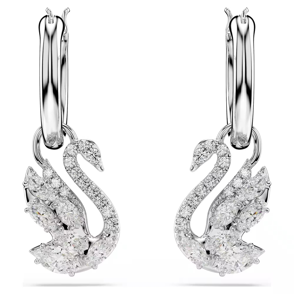 Drop earrings Swan, rhodium plated metal, clear crystals