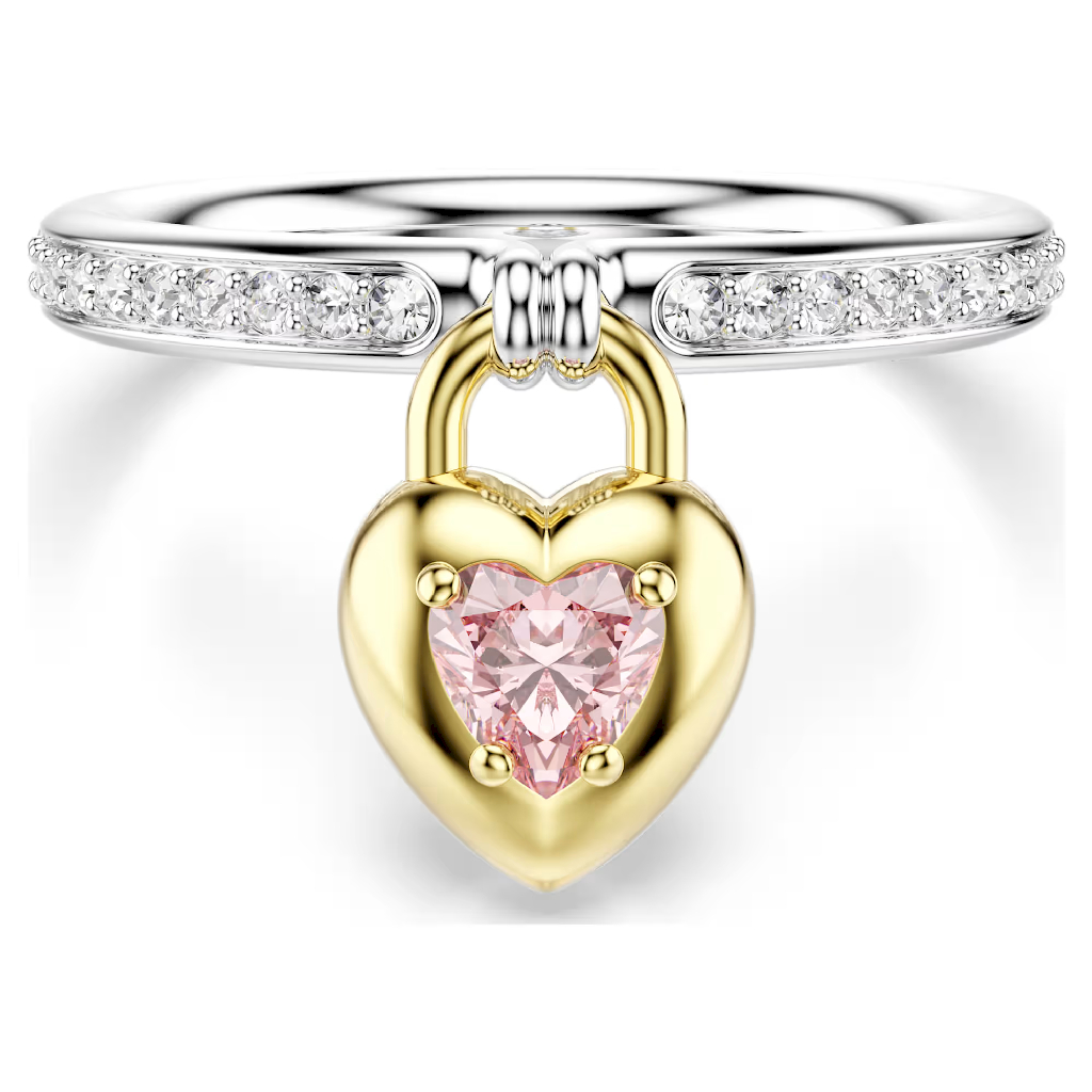 Bague coeur, métal 2 tons (blanc et jaune), cristaux incolores et rose