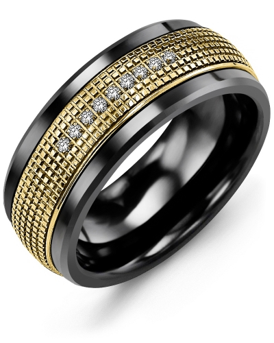 Jonc céramique noire, or jaune 10 carats, 9 points de diamant total, 9 millimètres - MLC910CY-9R - Madani