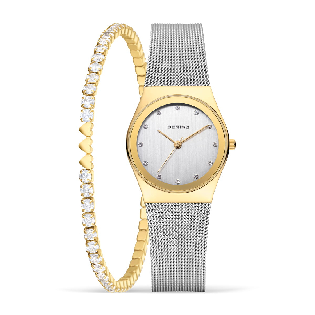 Ensemble bracelet et montre, acier inoxydable 2 tons (blanc et jaune), zircons incolores