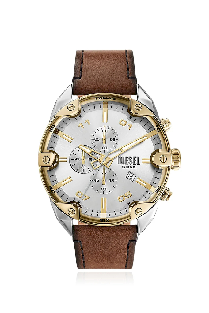 Montre Diesel cuir brun, acier inoxydable deux tons (blanc et jaune)