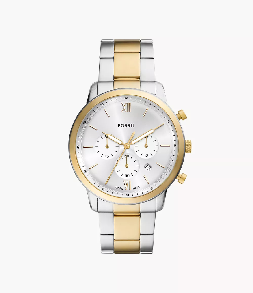 Montre Fossil chronographe acier inoxydable deux tons blanc et jaune