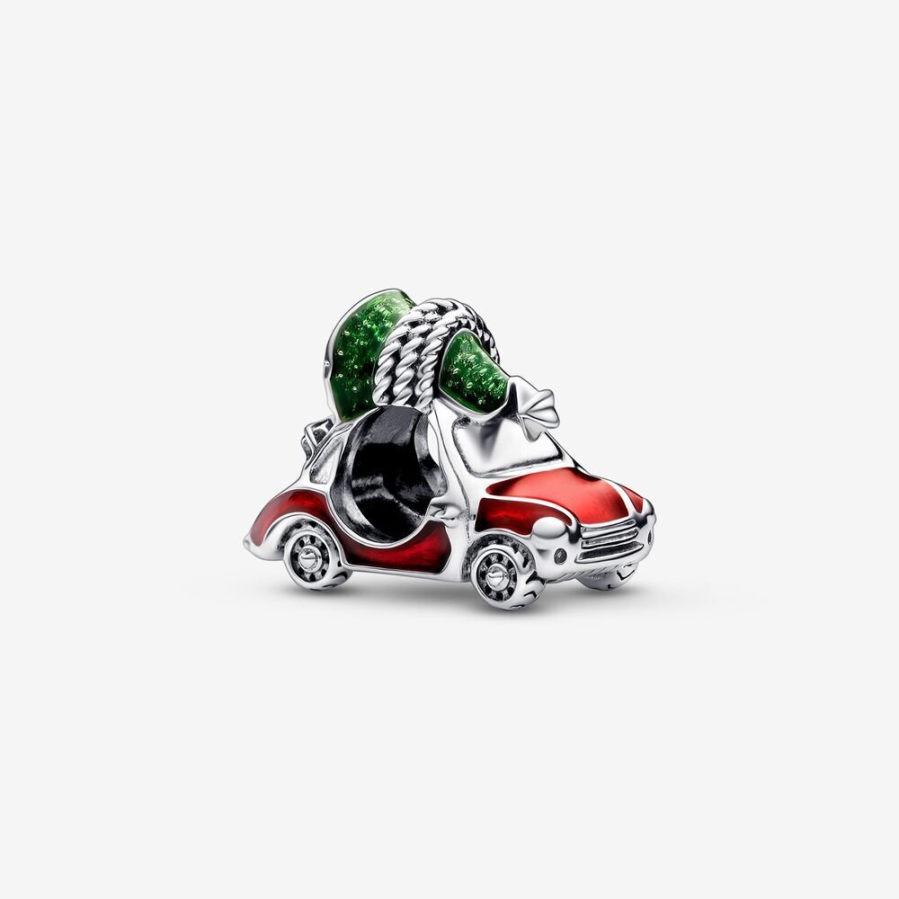 Bille voiture et sapin de noël festif, argent, émail rouge/vert - 792358C01 - Pandora