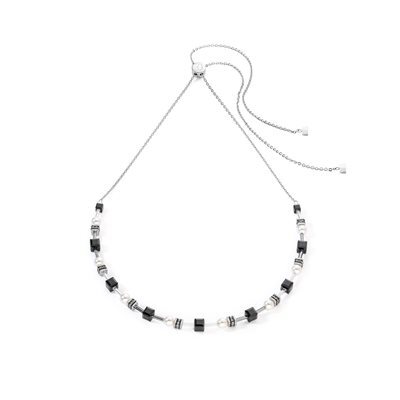 Collier acier, perles, cristaux noirs/blancs