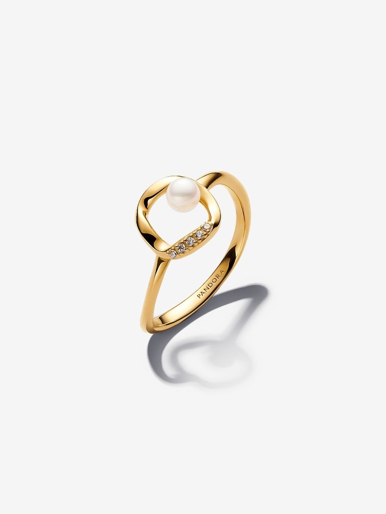 Bague métal unique plaqué d'or 14 carats, zircons incolores, perle d'eau douce - 163831C01-52 - Pandora