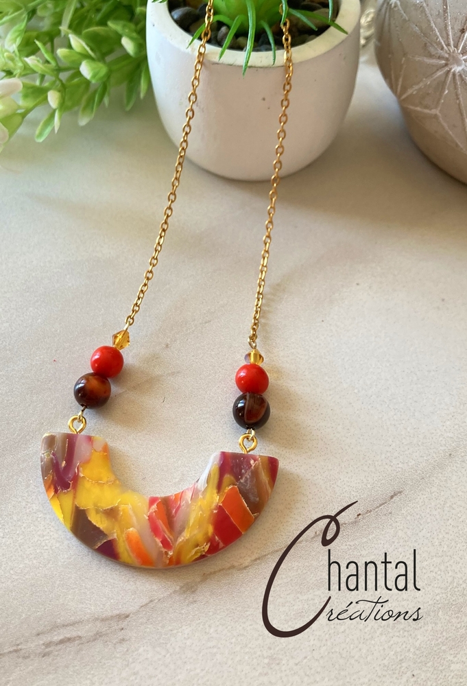 Collier Coralie flamme, argile polymère, acier inoxydable doré - 25-CO-3 - Création Chantal