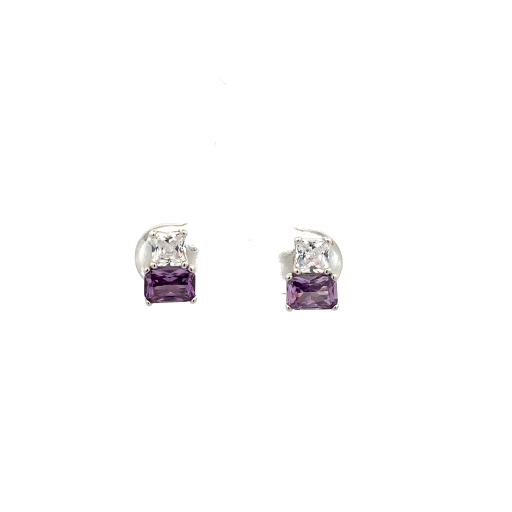 Boucles d'oreilles fixes argent rhodié, zircons mauves et blancs