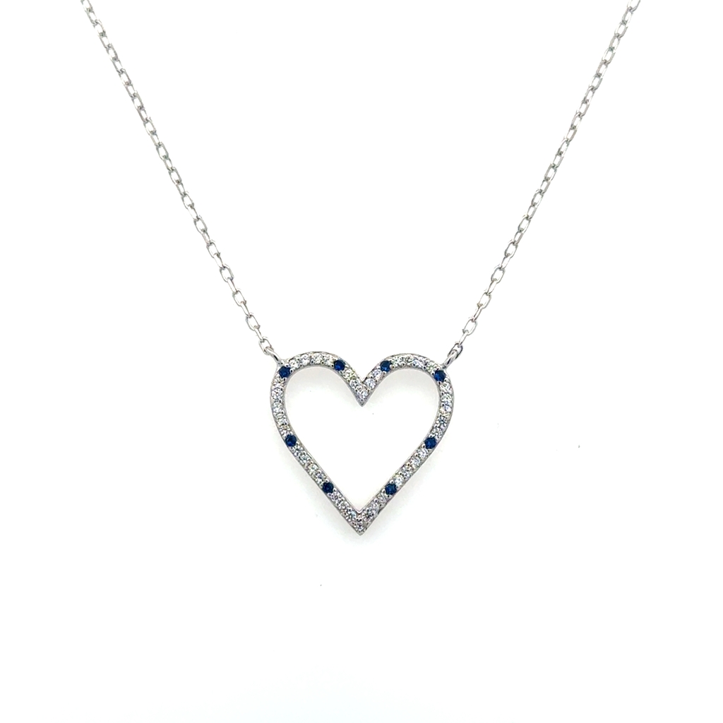 Collier coeur, argent, zircons blancs et bleus
