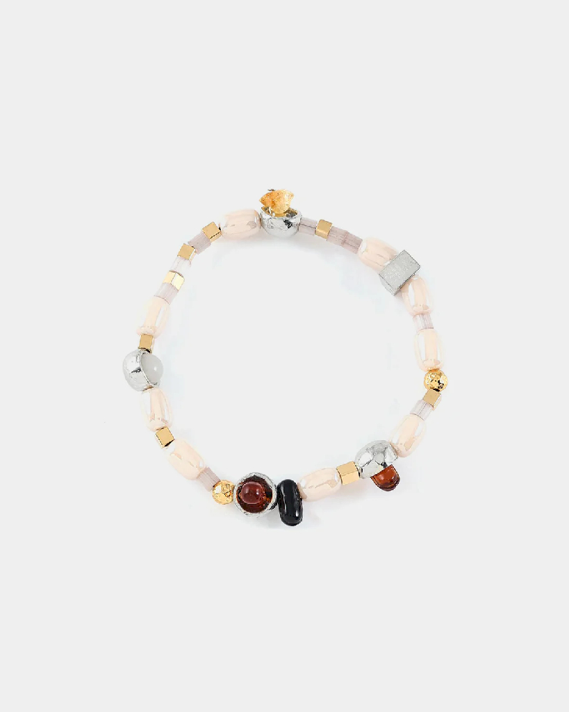 Bracelet extensible, étain 2 tons (blanc et jaune), verre coloré