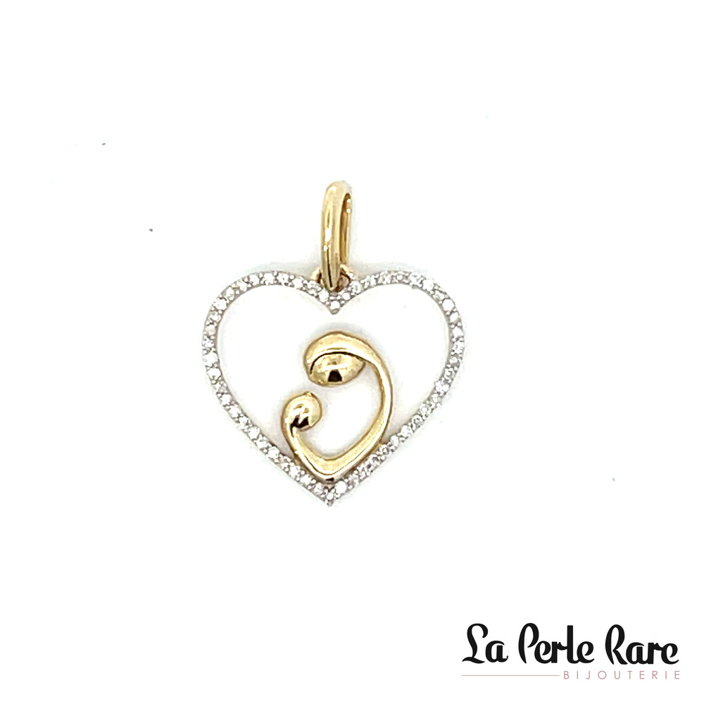 Pendentif coeur, or jaune, 15 pts dia tot