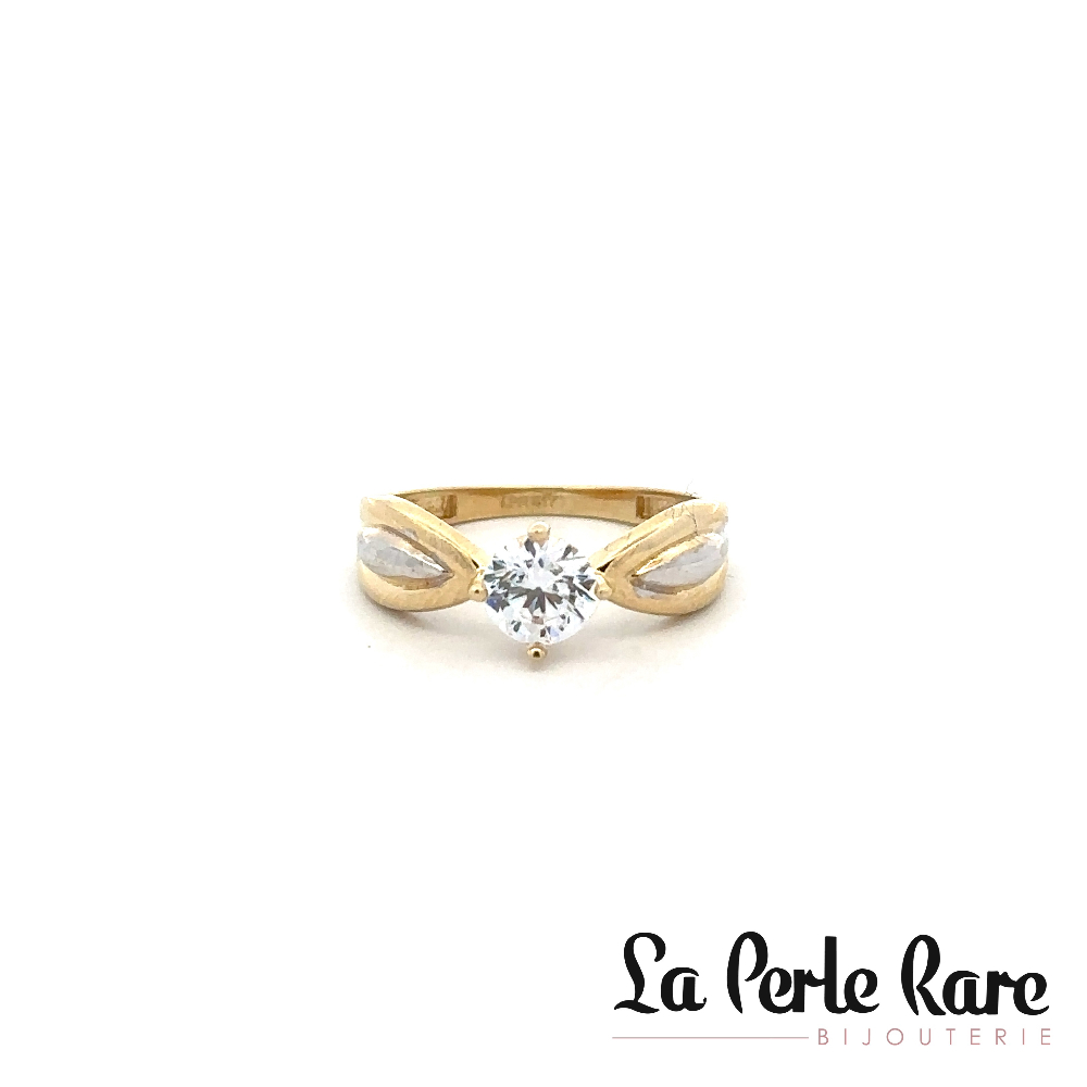 Bague solitaire, or 2 tons (jaune/blanc) 10 carats, zircon incolore - ROZ-660-2T - Exclusivités