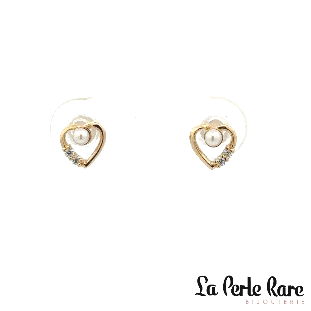 Boucles d'oreilles fixes vissées coeurs, or jaune 10 carats, perles, zircons blancs - 13680-BLANC - Exclusivités