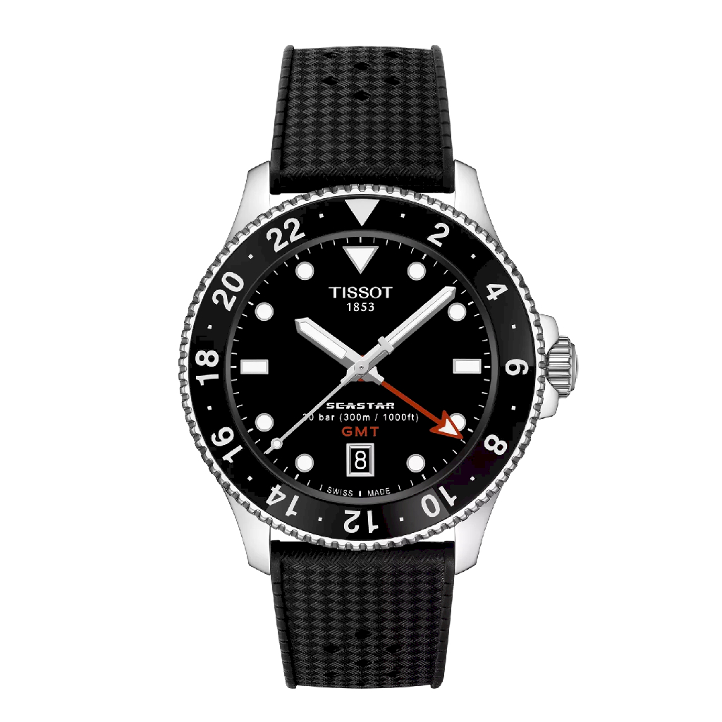 Montre Tissot Seastar 1000 GMT silicone noir acier inoxydable fond noir