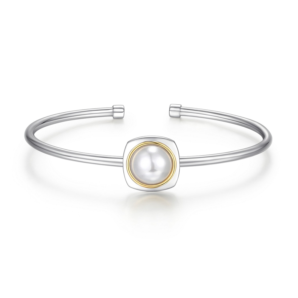 Bracelet rigide ouvert, argent 2 tons (blanc/jaune), perle synthétique - R1LAK9BGER - Elle