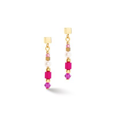 Bo pendantes acier doré, cristaux roses, perles