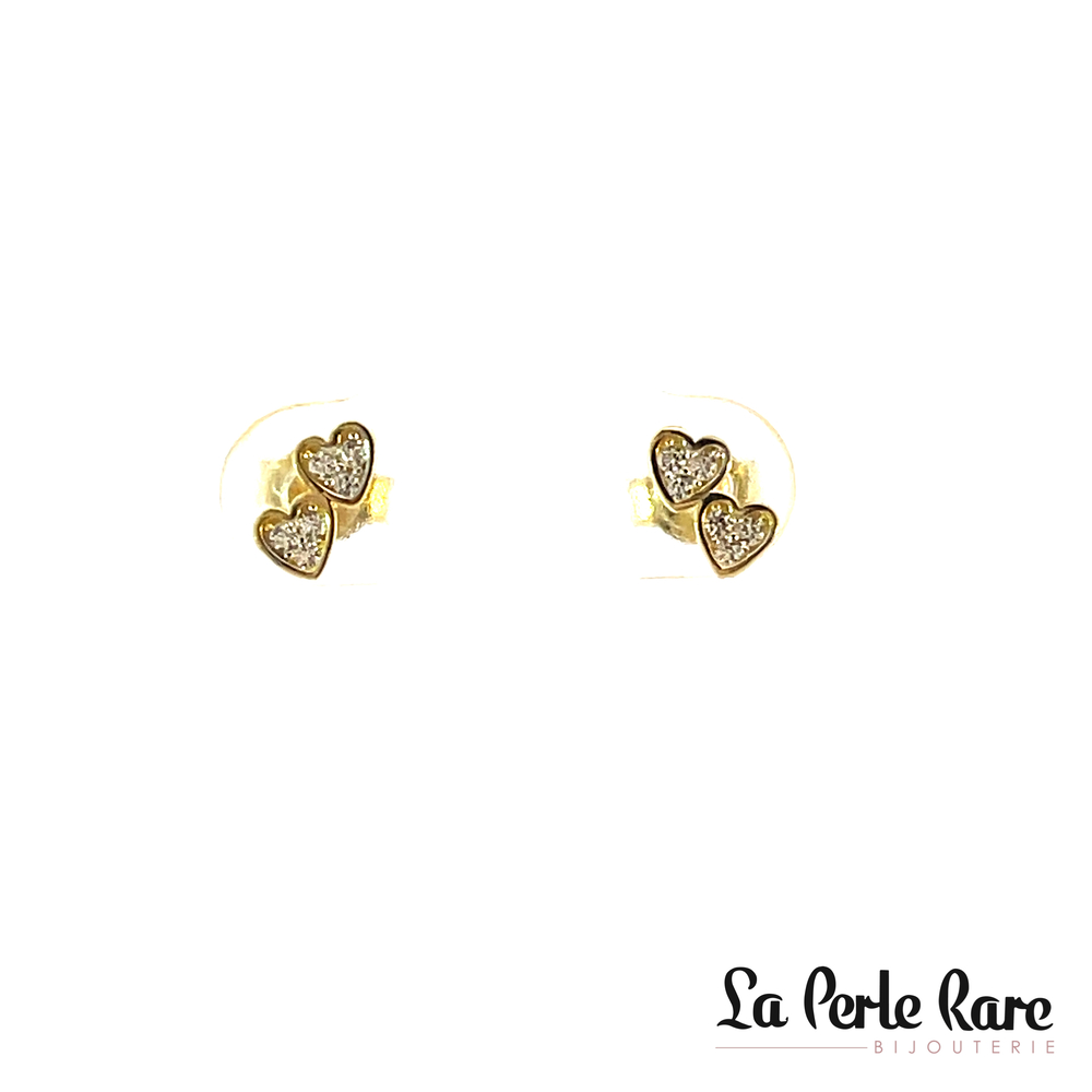 Boucles d'oreilles fixes coeurs, or jaune 10 carats, zircons incolores - MNM-289-J - Exclusivités