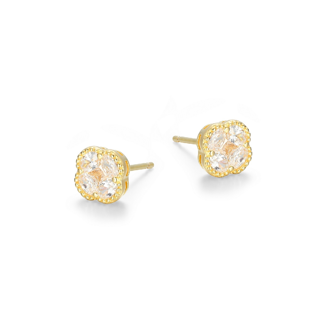 Boucles d'oreilles fixes de style Van Cleef, argent doré, zircons incolores - 32ASD40000 - Reign By Paj
