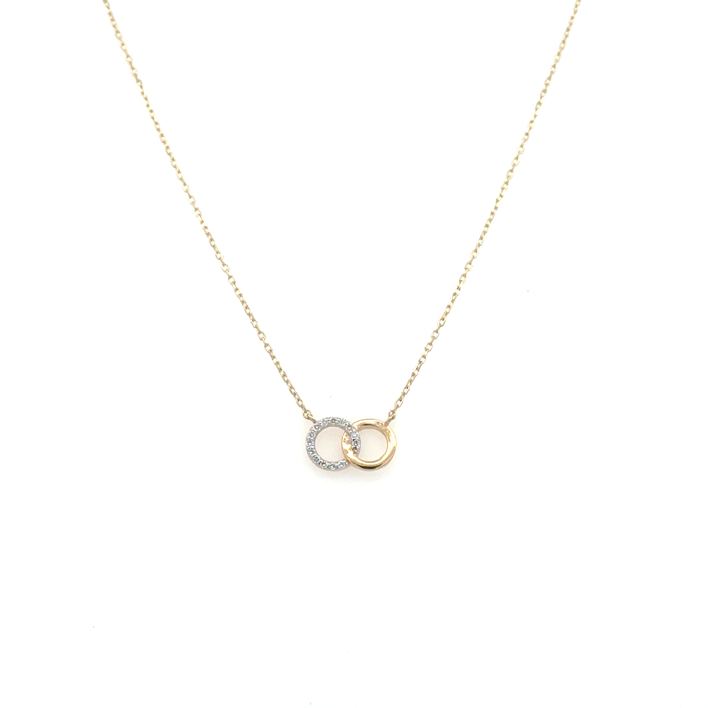 Collier cercles entrelacés, or jaune 14 carats, 5 pionts de diamant total, SI/FG