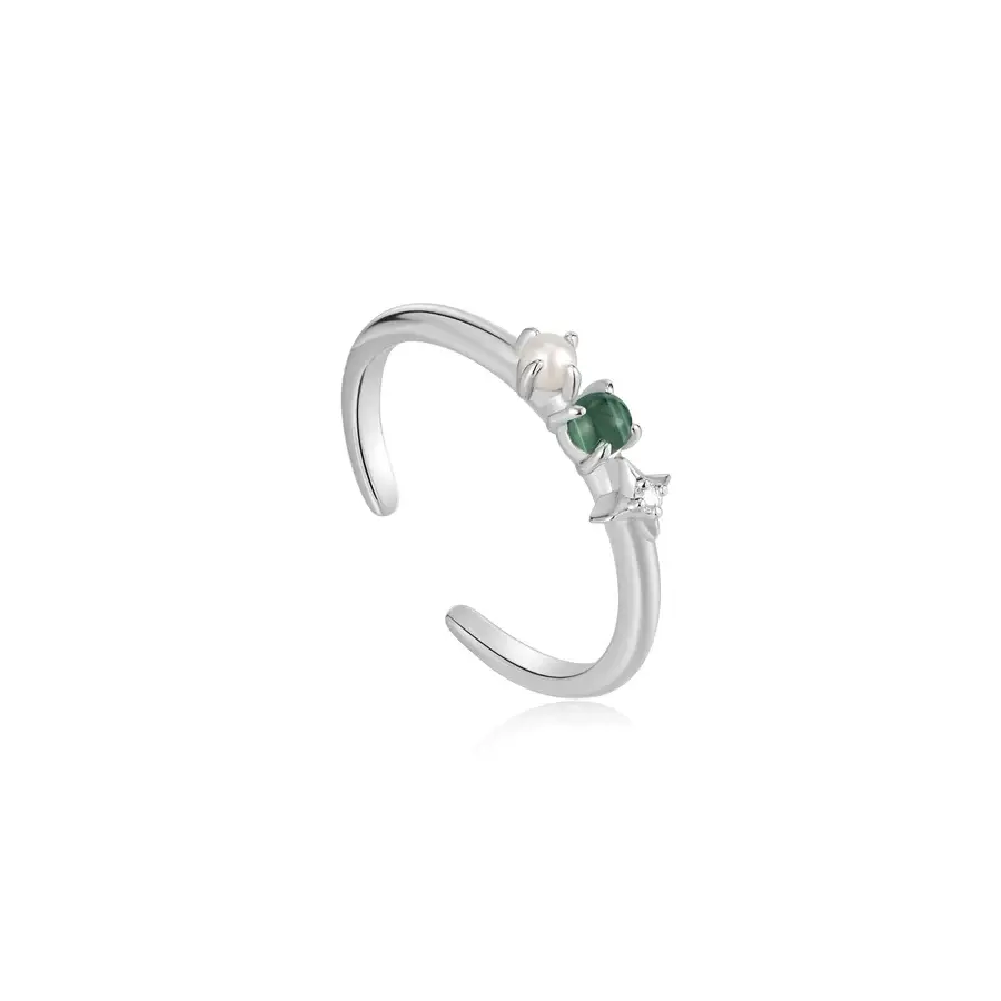 Bague ajustable étoile, argent rhodié, malachite, perle, zircon - R039-01H-M - Ania Haie