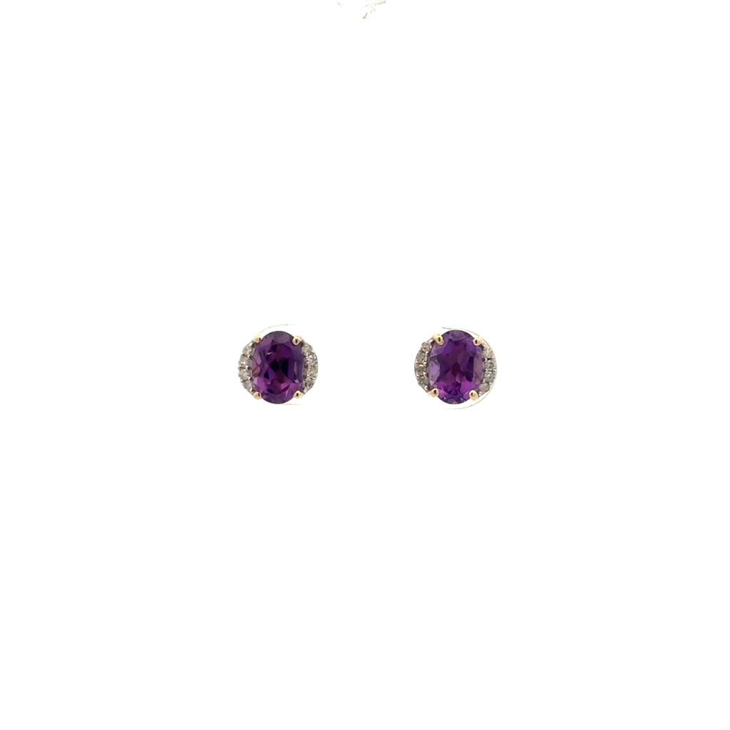 Boucles d'oreilles fixes or jaune 10 carats, améthystes, 8 points de diamant total