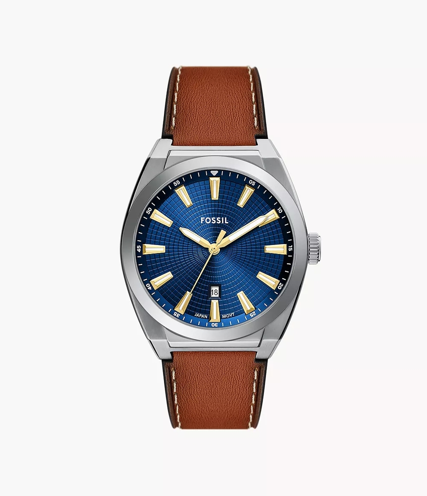 Montre cuir brun, acier inoxydable, fond bleu - FS6115 - Fossil