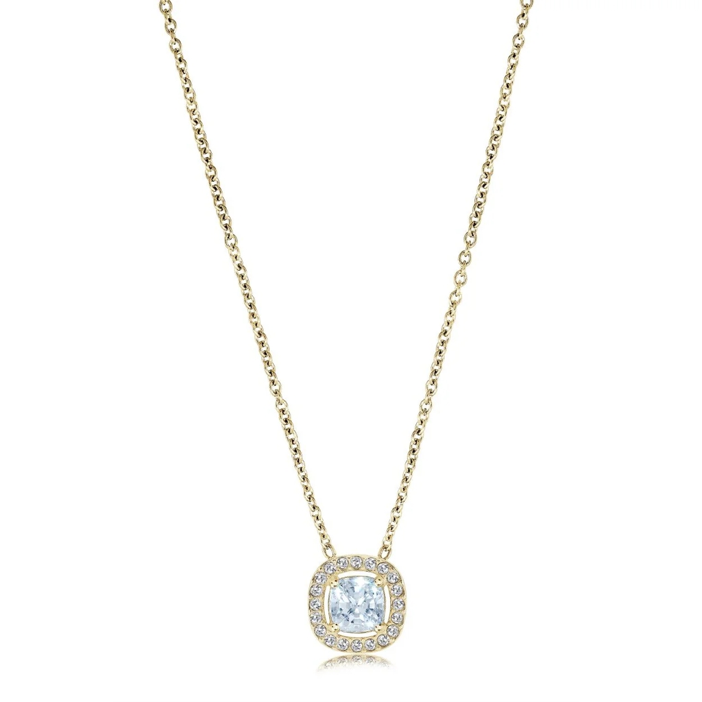 Collier halo carré, acier inoxydable doré, zircons incolores