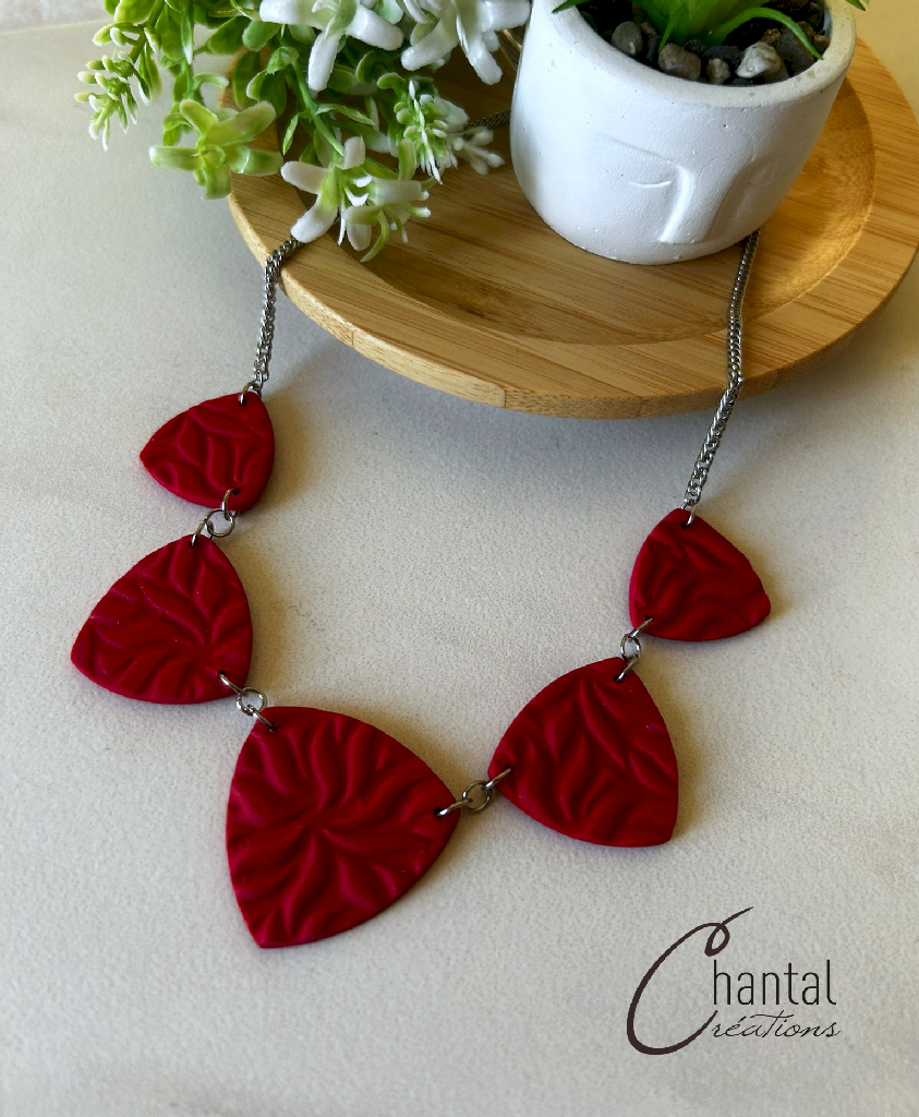 Collier Adèle rouge, acier inoxydable, argile polymère