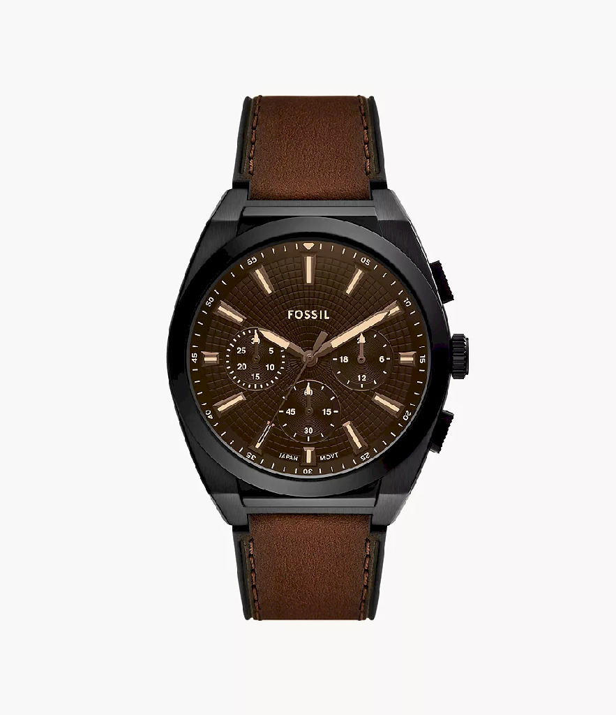 Montre Fossil chronographe acier inoxydable noir, bracelet en cuir brun, cadran brun