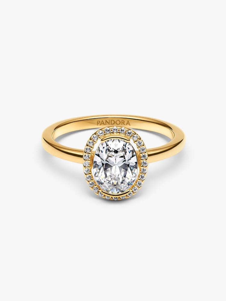 Bague halo ovale scintillant, métal unique plaqué d'or 14 carats, zircons incolores