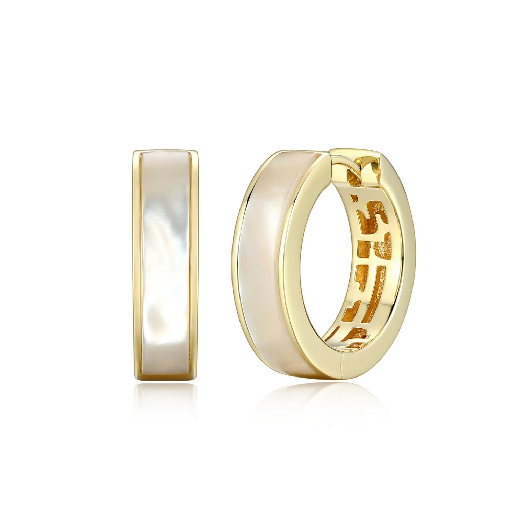 Anneaux de type huggies argent finition or jaune, nacre de perle