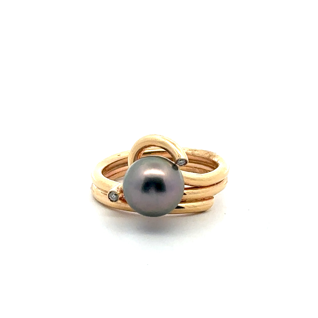 Bague or jaune 14 carats, perle de Tahiti, diamants - BA862 - Exclusivités