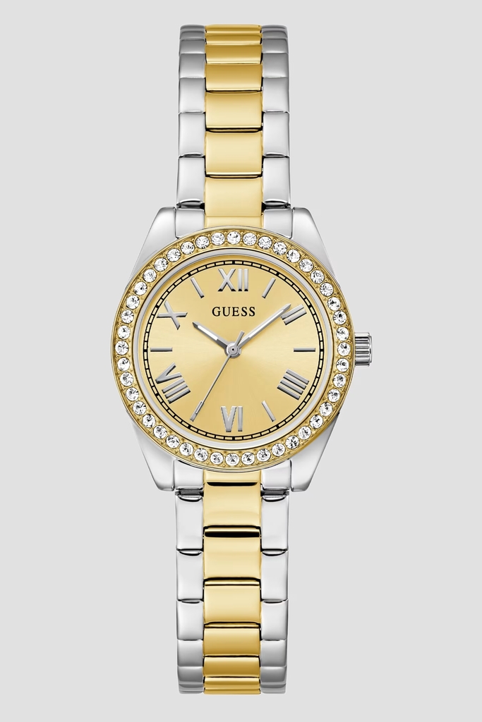 Montre acier inoxydable 2 tons (blanc et jaune), fond doré, cristaux incolores