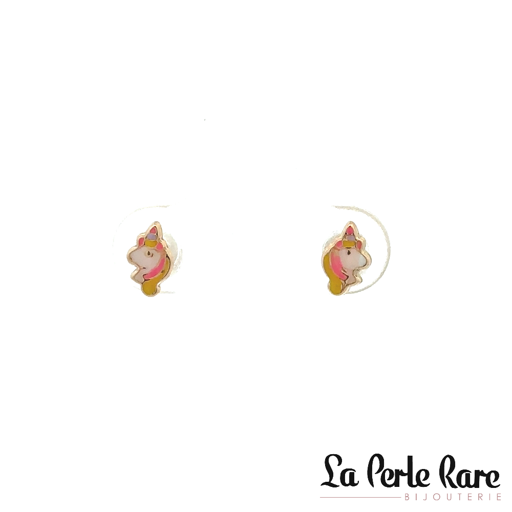 Boucles d'oreilles fixes vissées licornes, or jaune 10 carats, émail rose, blanc et jaune - 11500-E - Exclusivités